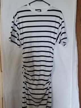 Asos Women's Black & White Striped Crew Neck T-Shirt Dress W/ Ruched Sides 10